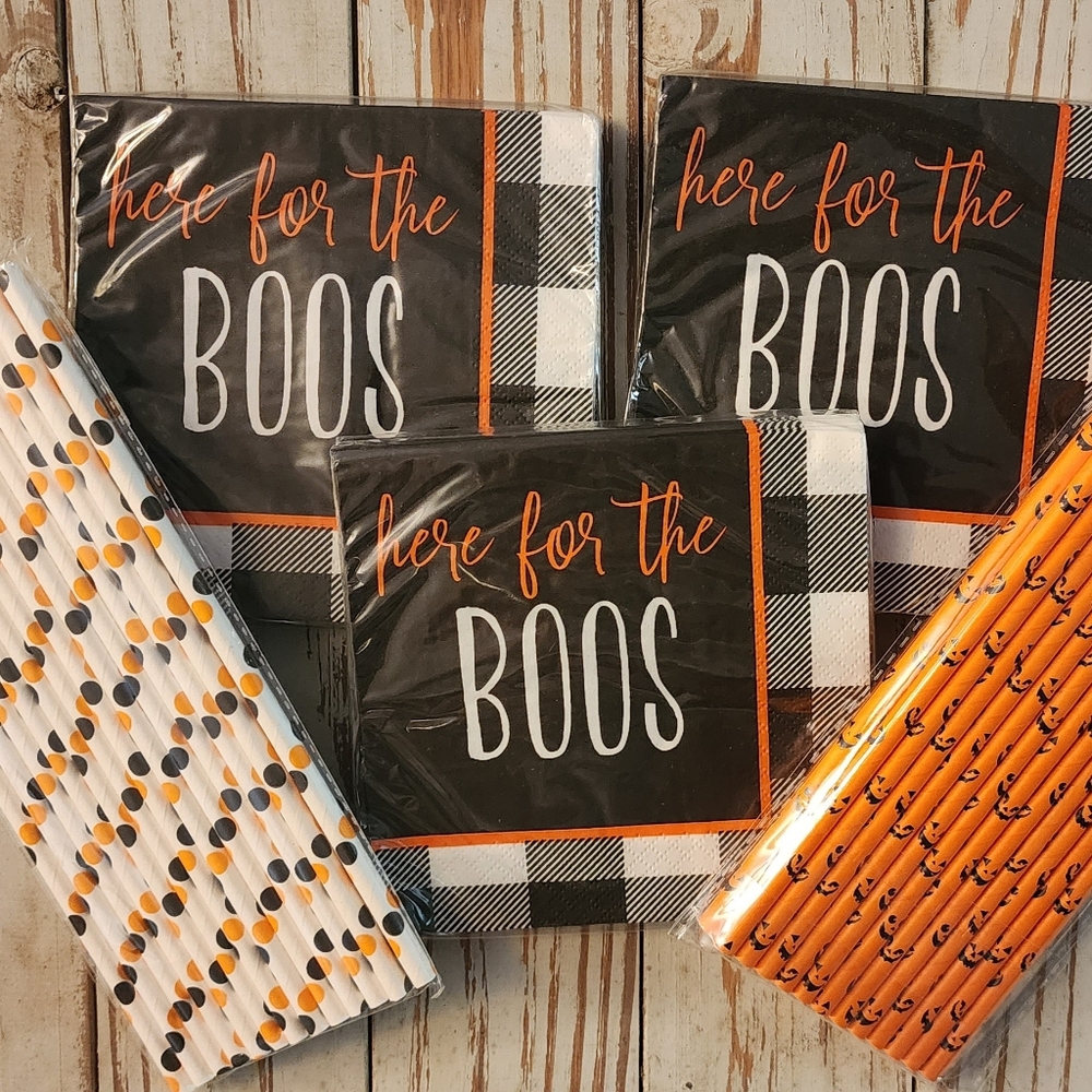 Here for the Boos Halloween cocktail napkins and paper straw bundle.